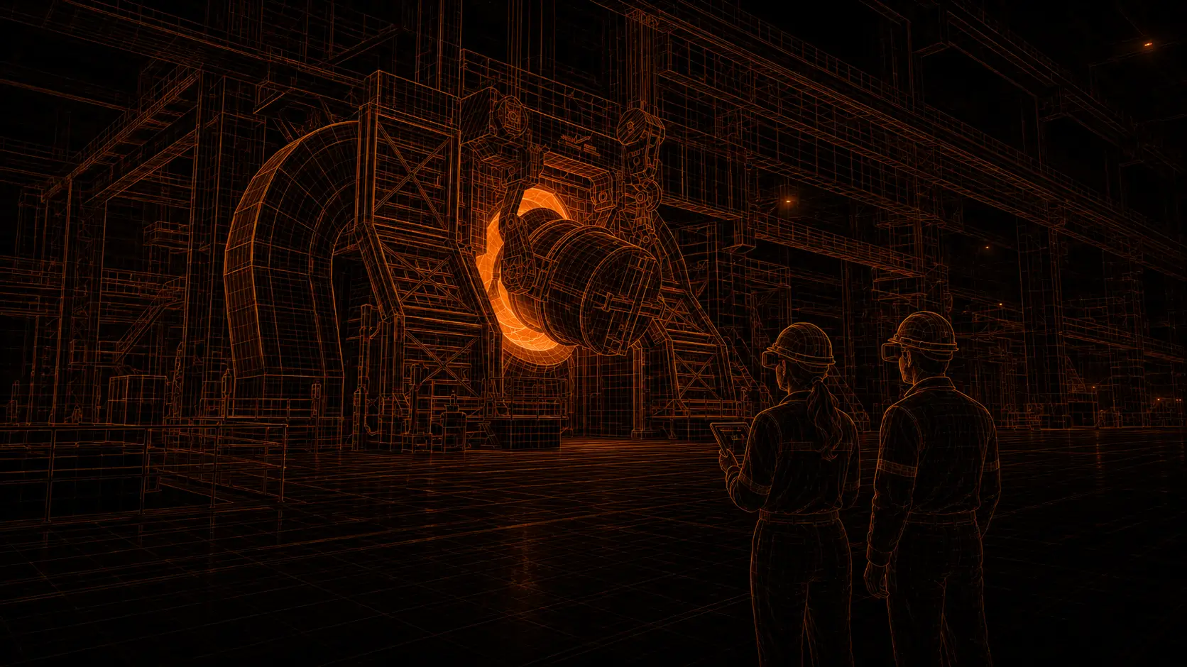 Wireframe render of a steel-plant bay: an overhead crane and a glowing ladle mid-pour, with two figures in hardhats reading a tablet.